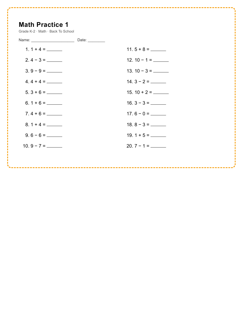 K-2 Math Worksheet Pack — 1/3