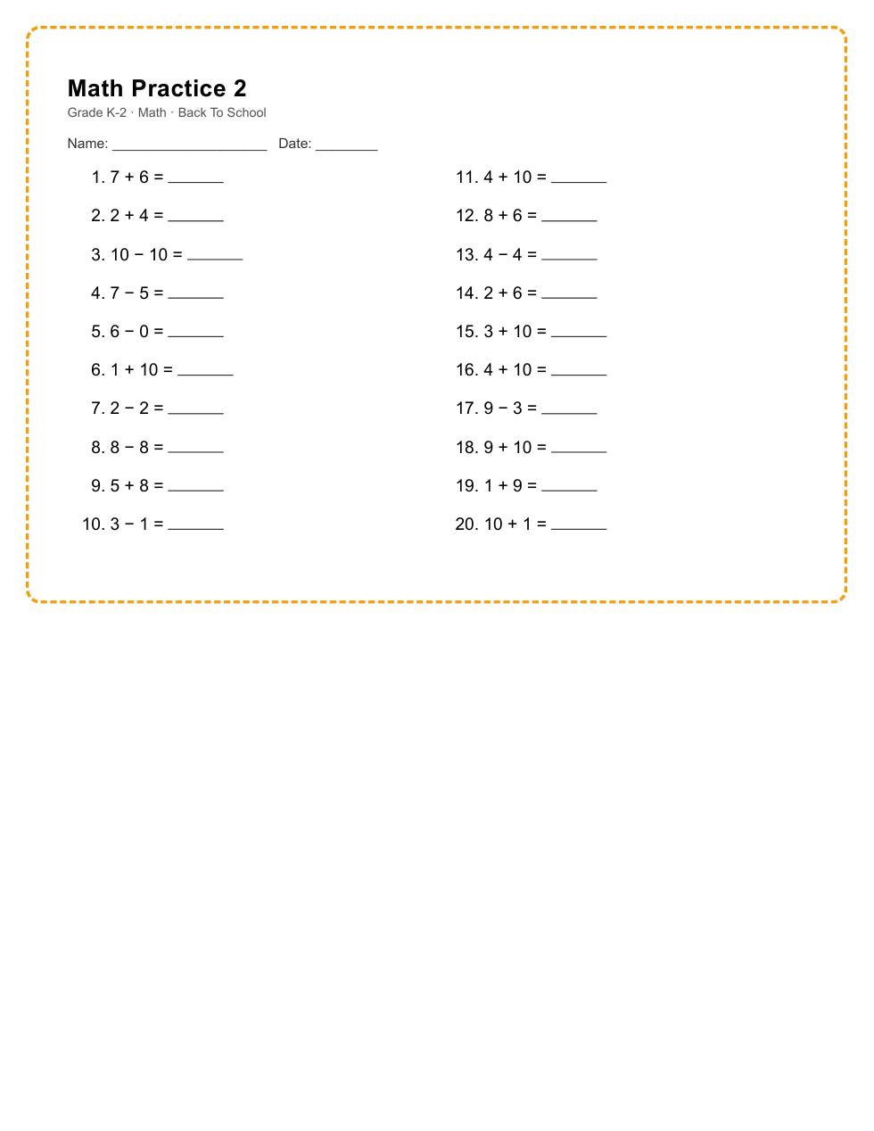 K-2 Math Worksheet Pack — 2/3