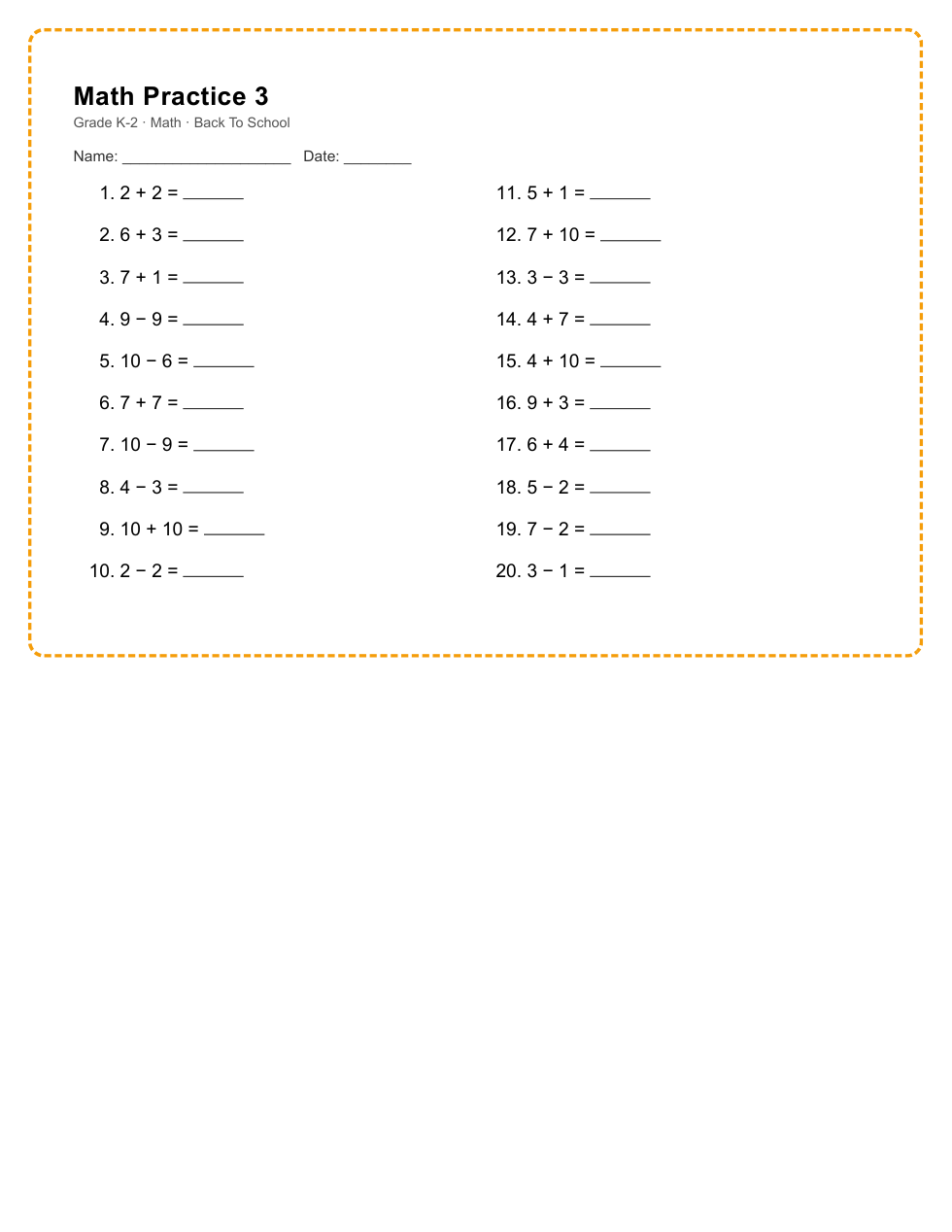 K-2 Math Worksheet Pack — 3/3